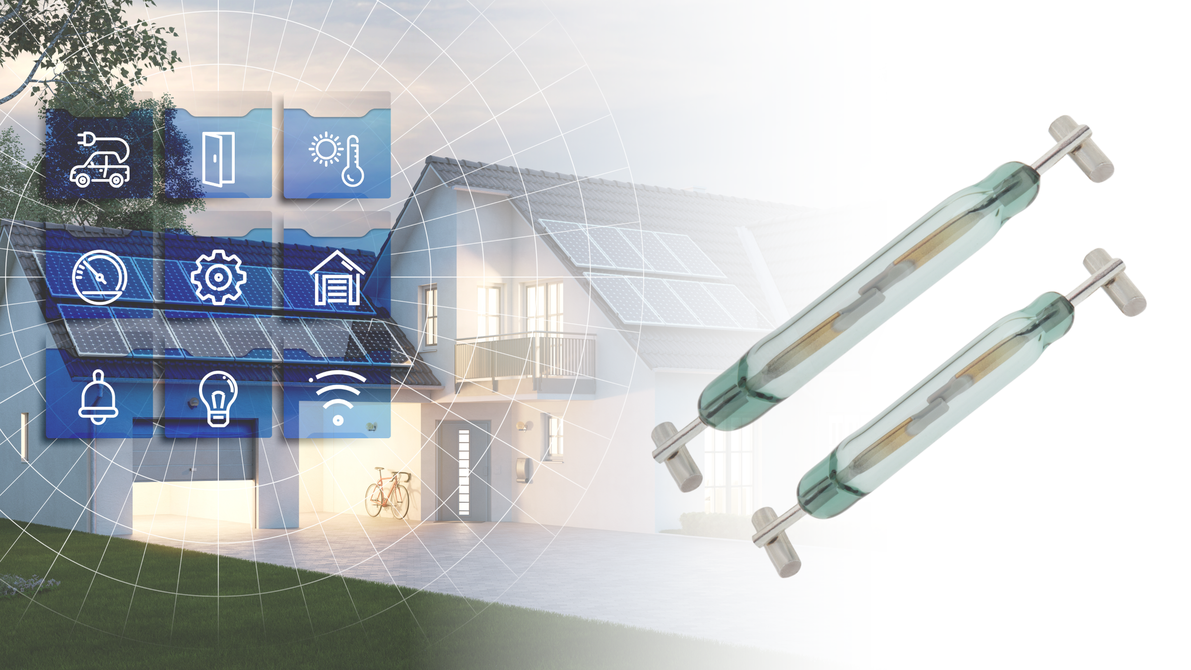 A modern house with solar panels and smart home icons overlaid, highlighting features like security and lighting; two SMD Reed Switch components with a small footprint and high power handling are prominently displayed on the right. by Standex Detect
