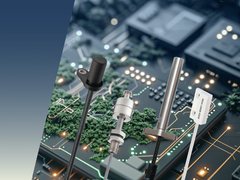 Four different types of electronic sensors, including a magnetic sensor, are displayed in front of a blurred circuit board background with green and gold lines, emphasizing technology and connectivity. by Standex Detect