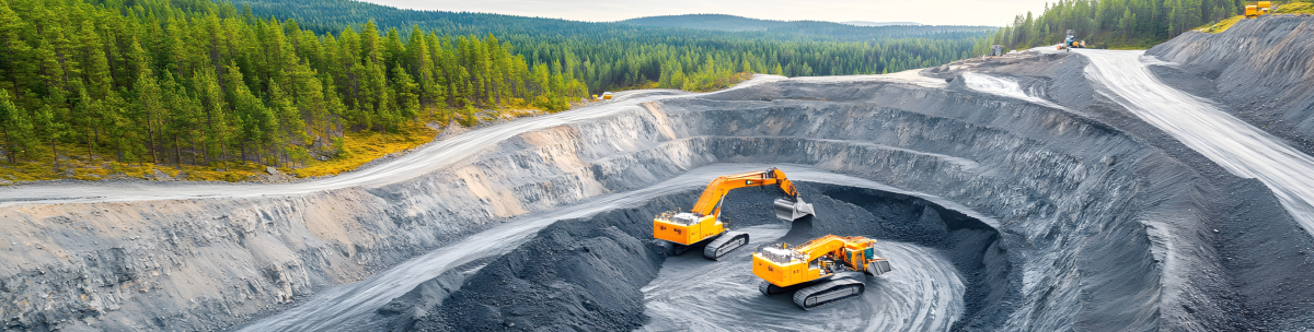 Two large yellow excavators work on a stepped, open-pit construction site surrounded by dense green forest under a cloudy sky, moving gray soil or rock along winding dirt roads. by Standex Detect