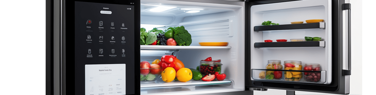 An open refrigerator with a touchscreen display shows shelves stocked with assorted fresh vegetables, fruits, and jars of preserves. The fridge door also holds jars and small containers of food. by Standex Detect