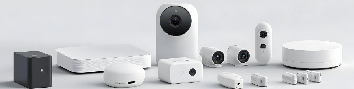 A collection of modern consumer electronics for smart home security, including cameras, sensors, and hubs in various compact shapes and sizes, all in sleek white and black finishes, arranged on a light surface. by Standex Detect