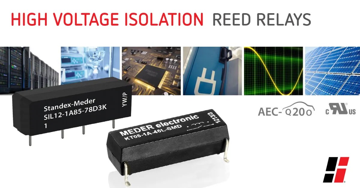 Two black High Voltage Isolation Relays are shown in front of images depicting technology and electronics, ideal for Isolation Applications. Certification logos and a red-black logo are also visible. Text reads High Voltage Isolation Reed Relays. by Standex Detect