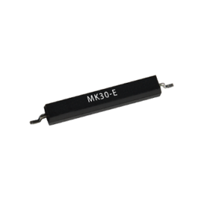 A black rectangular electronic component labeled MK30-E from the MK30 Series, featuring metallic leads on both ends, is isolated on a white background. This surface mount reed switch offers reliable performance in compact electronic designs. by Standex Detect