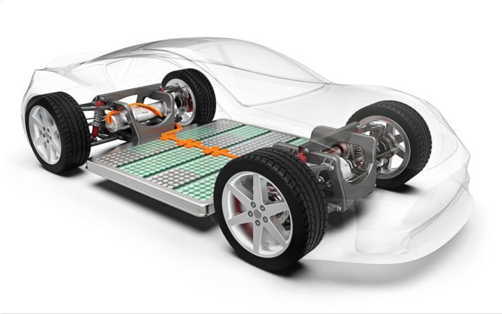 Diagram of an electric car with a transparent body showing the internal battery pack, reed relays, electric motors, orange wiring, and the drivetrain connected to the wheels—highlighting features that boost EVs’ driving efficiency. by Standex Detect