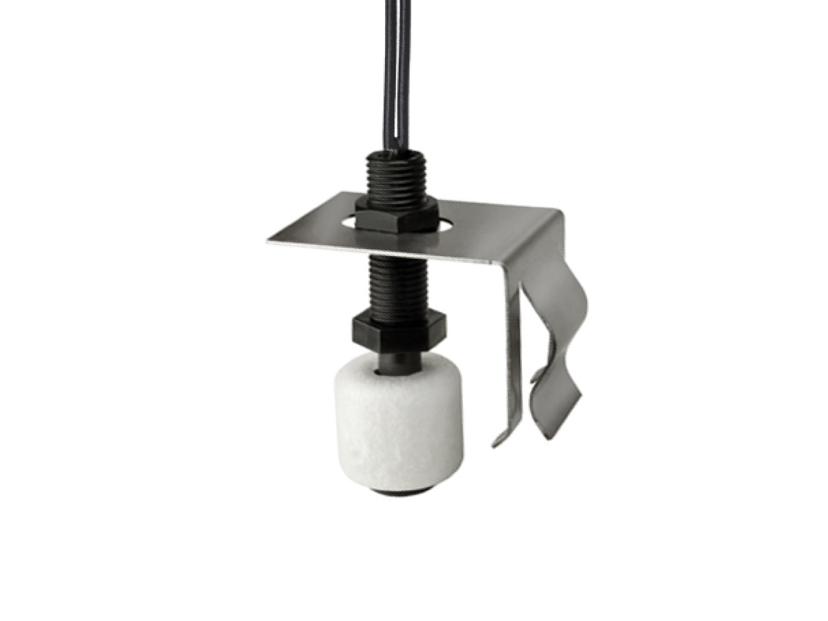 An FPS-B series liquid level sensor with a cylindrical white float is mounted on a metal bracket, with wires extending from the top for electrical connection—ideal for HVAC applications. by Standex Detect
