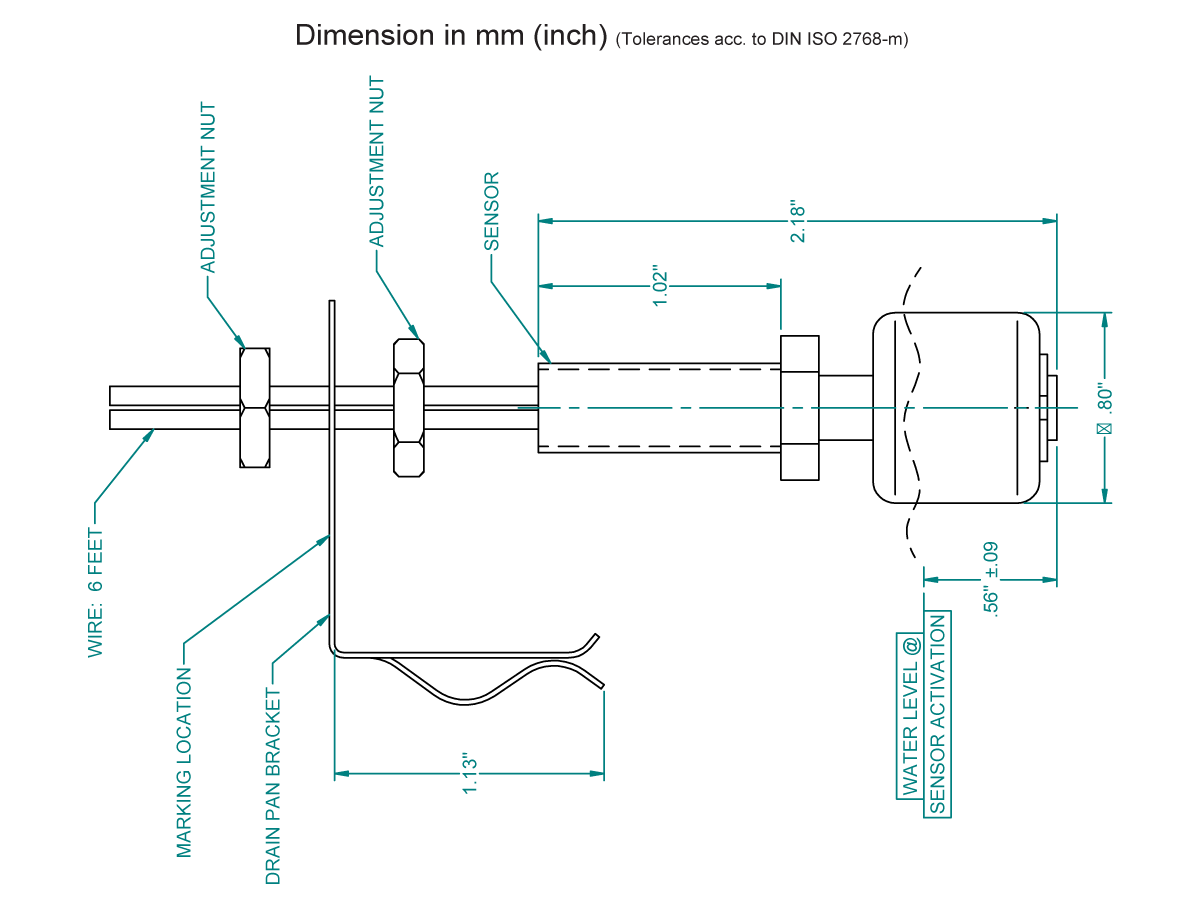 Technical diagram showing the side view of an FPS-B Series Liquid Level Sensor assembly with dimensions in mm and inches. Labels indicate adjustment nuts, sensor, bracket, wire, marking location, and drain pan bracket for HVAC use. by Standex Detect