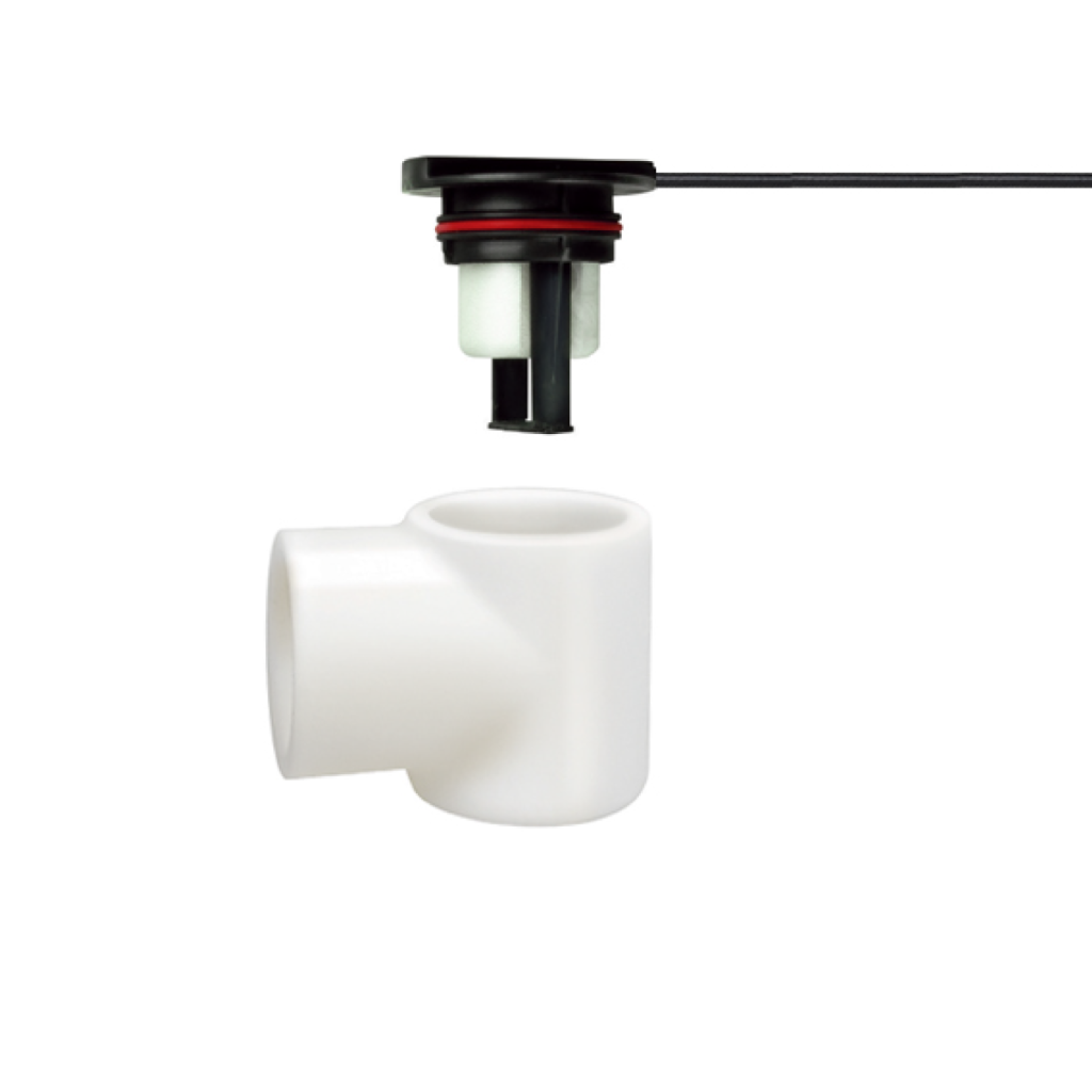 A black and white Liquid Level Sensor with a wire, part of the FPS-L Series, is positioned above a white plastic pipe fitting shaped like a T, both set against a white background. by Standex Detect
