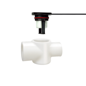 A white plastic pipe fitting with three horizontal and one vertical opening sits below an FPS-T Series Liquid Level Sensor attached to a wire, against a plain white background&mdash;ideal for precise HVAC monitoring applications. by Standex Detect