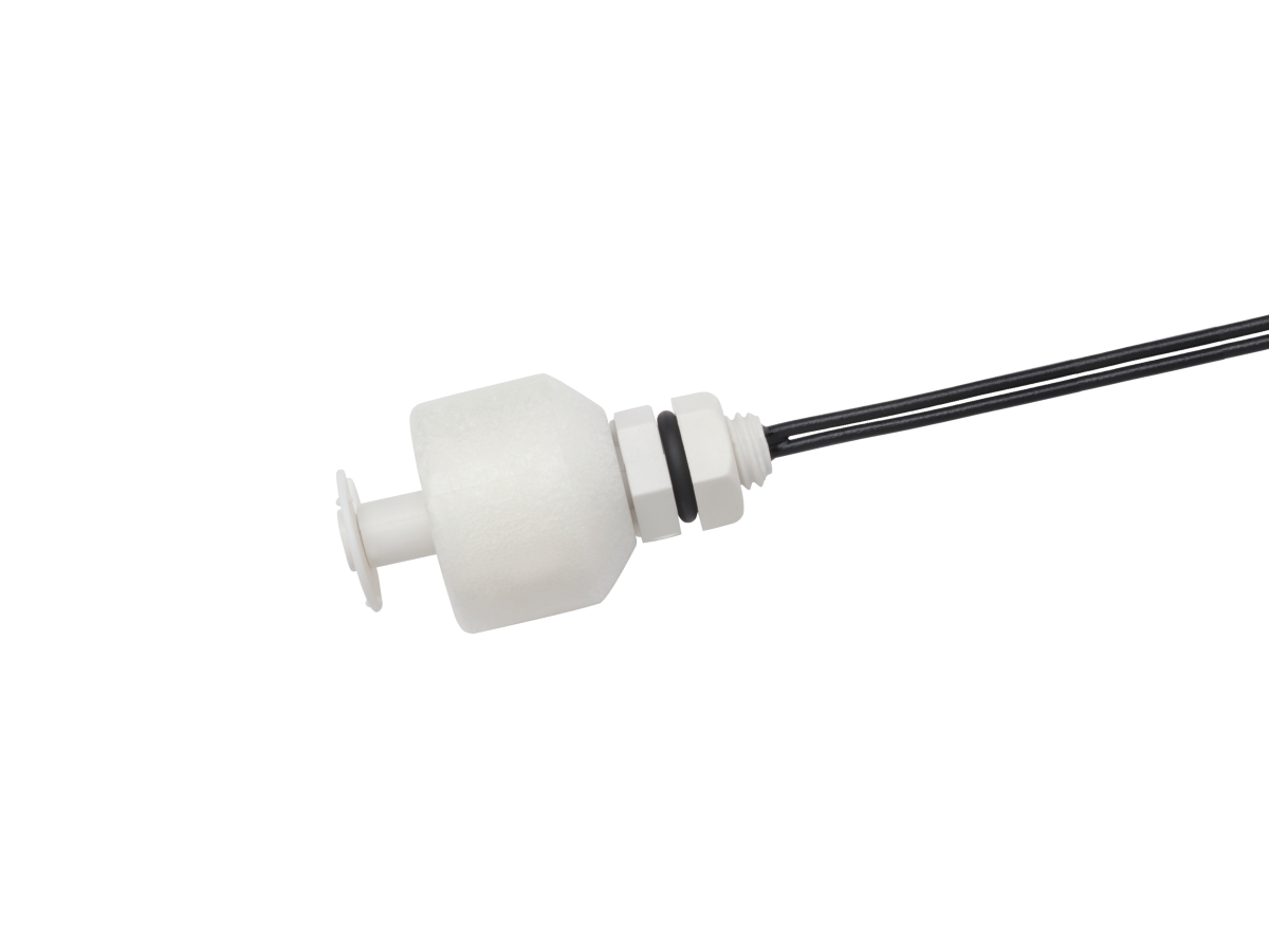 A white plastic LS01 Series float switch with a cylindrical body, black wires extending from one end, and a threaded mounting section with two O-rings. This Liquid Level Sensor is isolated on a white background. by Standex Detect