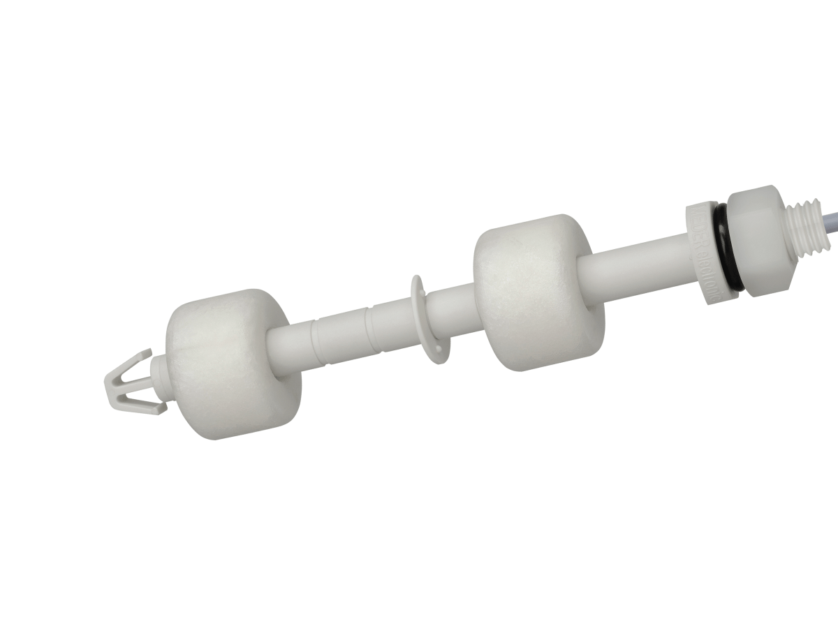 A white plastic LS04 Series Liquid Level Sensor featuring two cylindrical floats, a washer, a threaded end with a black O-ring, and a cage-like structure on the opposite end, set against a white background. by Standex Detect