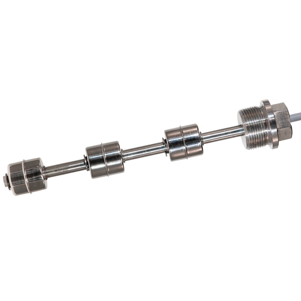 A metal LS05 Series liquid level sensor with cylindrical floats and a threaded end, designed for precise detection of liquid levels in tanks or containers. by Standex Detect