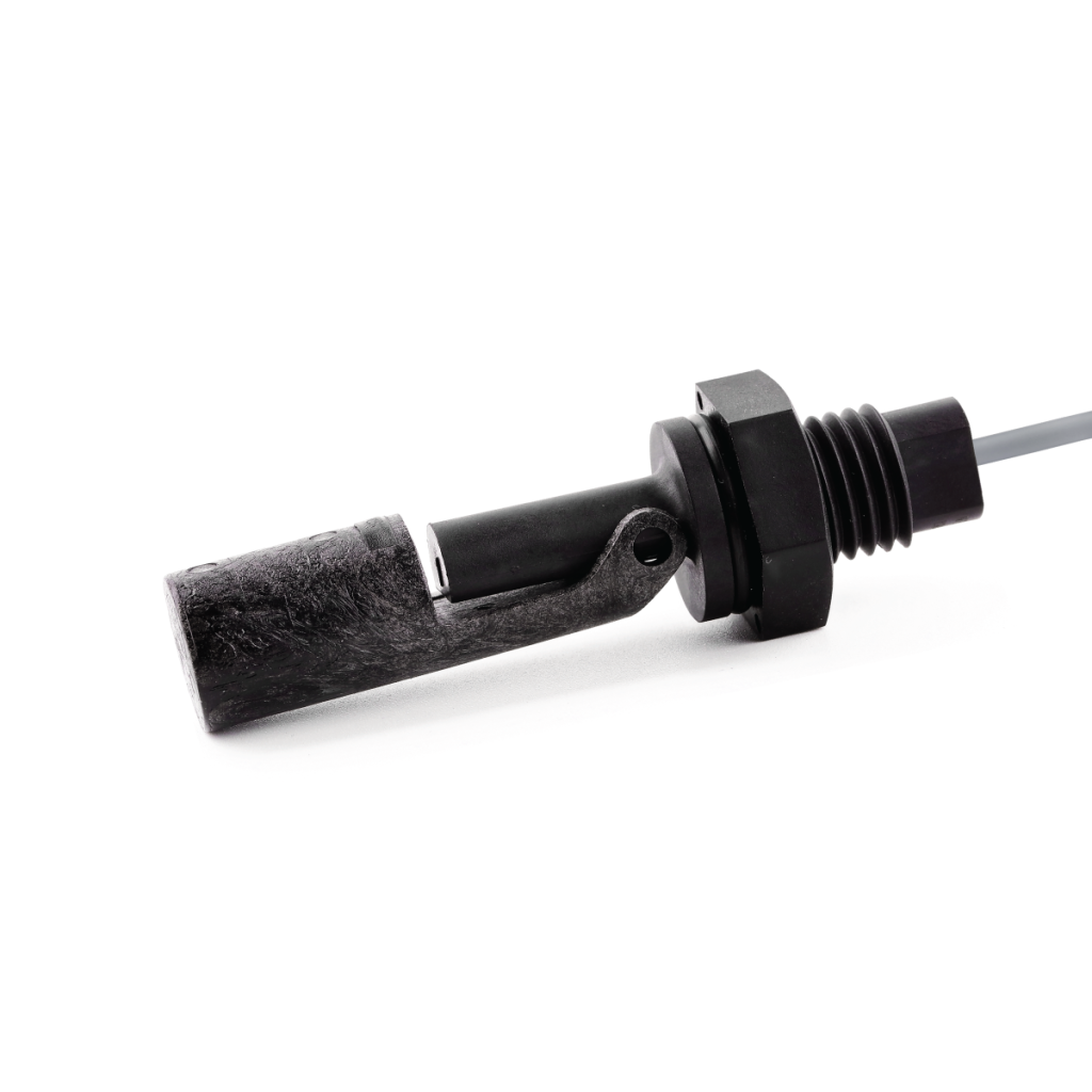 A close-up of a black plastic Side Mount Liquid Level Sensor with a cylindrical float and threaded mounting base, isolated on a white background. A cable extends from the right end for electrical connection. by Standex Detect