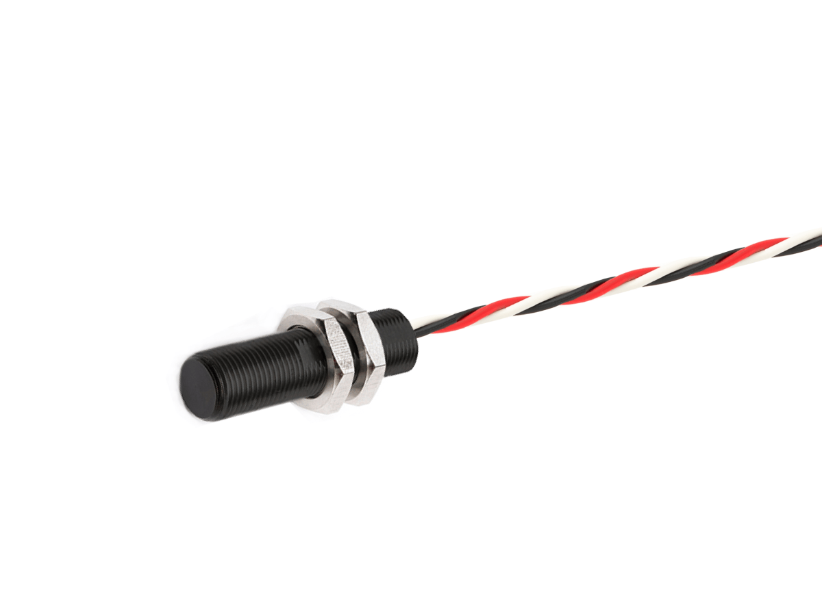 A cylindrical black Analog Hall Sensor from the AH Series features threaded metal nuts and a twisted red, black, and white wire extending from it, isolated on a white background. by Standex Detect
