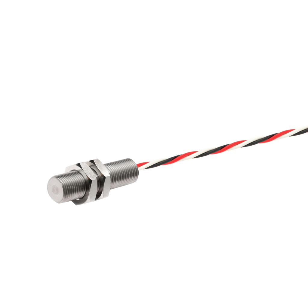 A cylindrical metal Gear Tooth Speed Sensor from the DSO Series with a threaded body and two nuts, attached to a twisted pair of black, red, and white wires, isolated on a white background. by Standex Detect