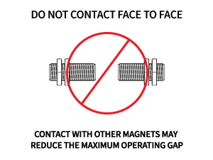 Diagram showing two cylindrical magnets facing each other with a red prohibition symbol between them. Text above says “Do not contact face to face.” Below, it warns contact may reduce maximum operating gap for DSO Series Gear Tooth Speed Sensor. by Standex Detect