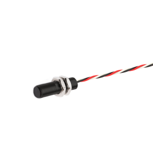 A cylindrical black AH Series Analog Hall Sensor with two hexagonal metal nuts, attached to a twisted red, black, and white wire, isolated on a white background. by Standex Detect