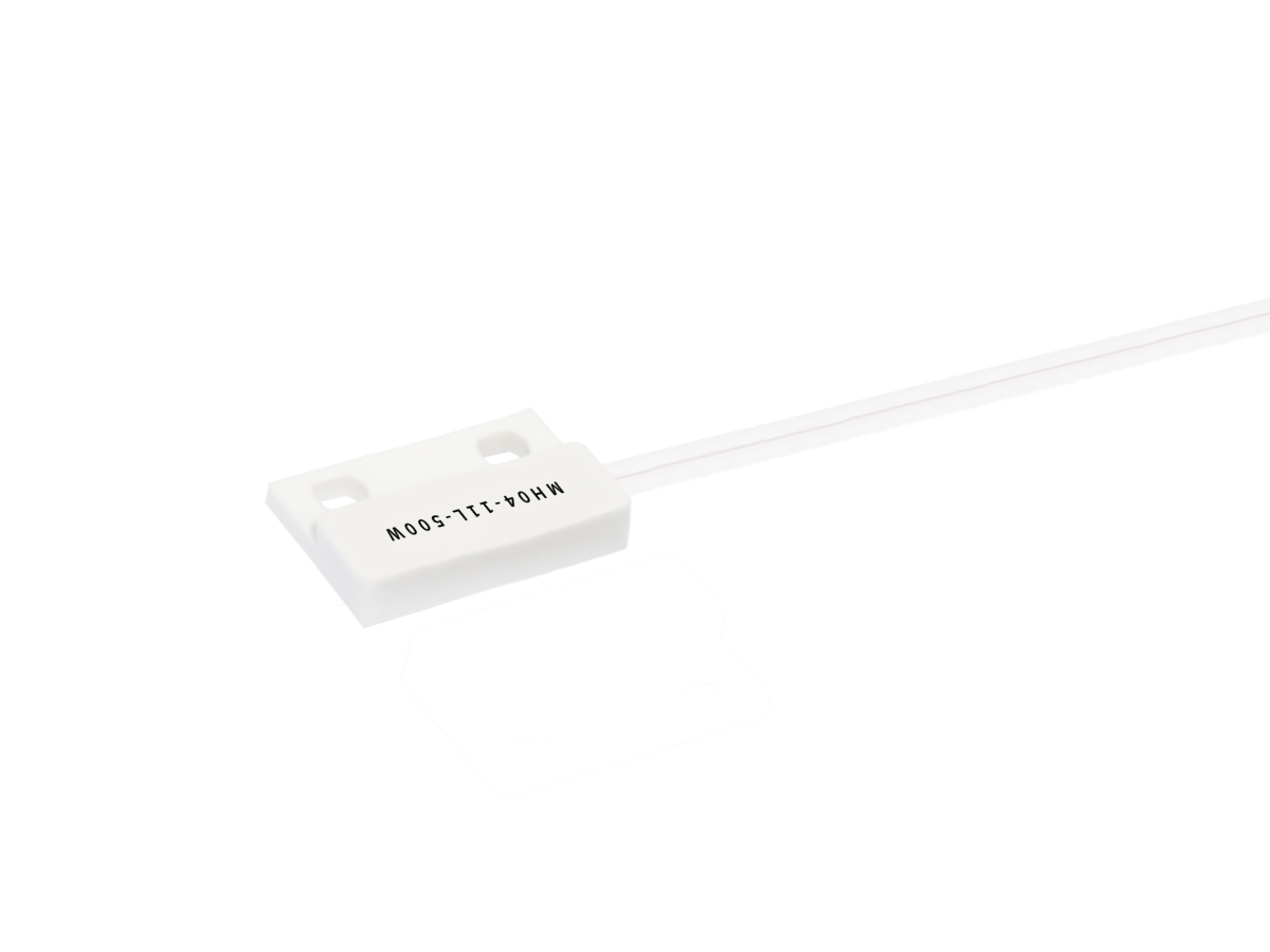 A white rectangular MH04 Series magnetic sensor with two screw holes, attached to a white cable, isolated on a white background. The label MOSS-111-PWM is printed on this Micro-Power Hall Sensor. by Standex Detect