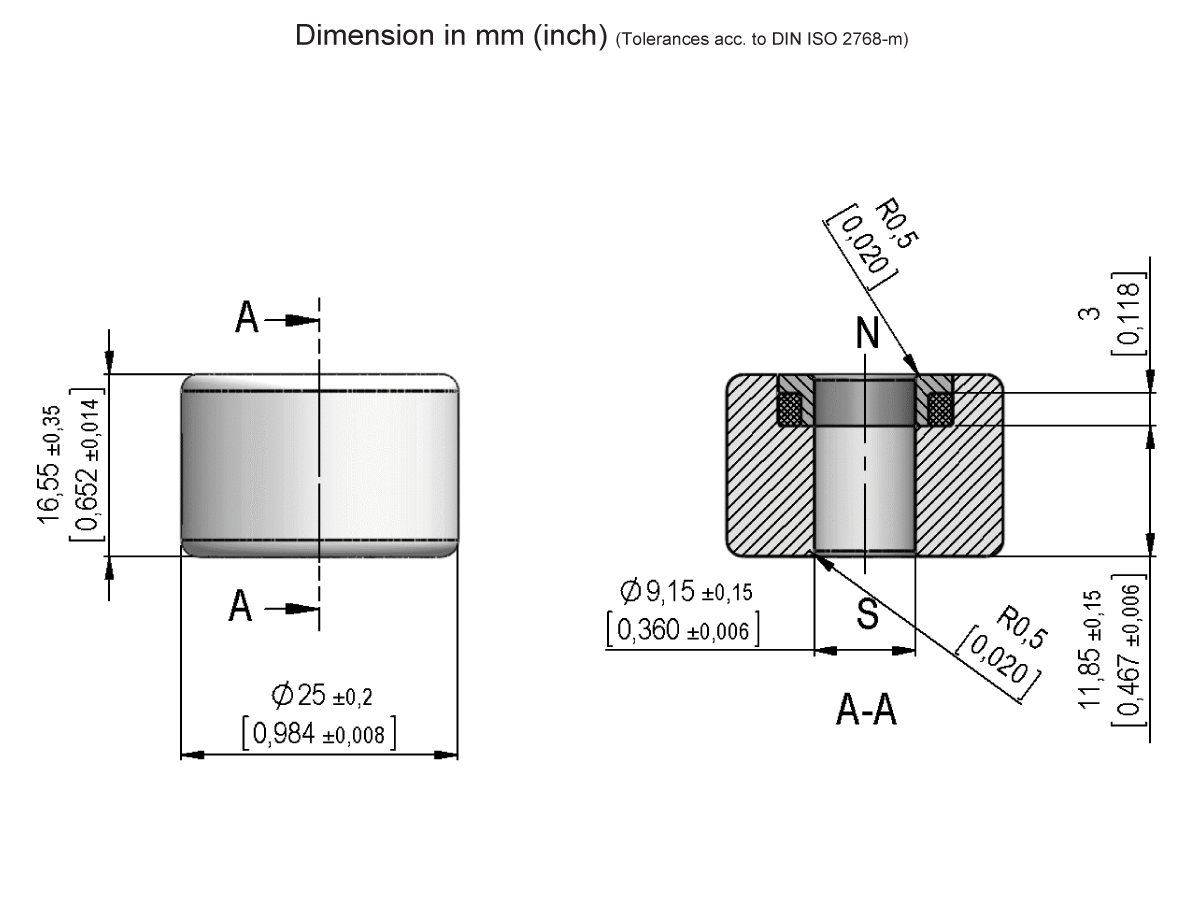 Technical drawing of a cylindrical mechanical part, such as the MS02-PP Series Magnetic Float Sensor, with cross-sectional and side views showing detailed dimensions, tolerances, and notes in millimeters and inches. Section A-A highlights inner features and holes. by Standex Detect