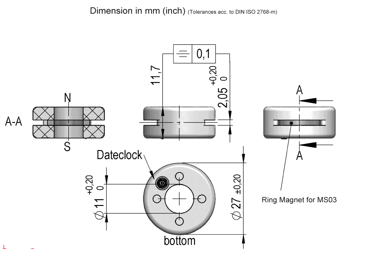 Technical drawing of a cylindrical ring magnet for MS03-PP Series Float Sensor, showing front, side, and sectional views with dimensions in millimeters—diameter (27), height (11.7), and date clock marking for the Magnetic Float. by Standex Detect