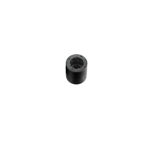 A small, cylindrical, dark-colored mechanical part from the MS04-PP Series with a hollow center and grooved inner edges, displayed on a plain white background&mdash;ideal for use in Magnetic Float Switch applications. by Standex Detect