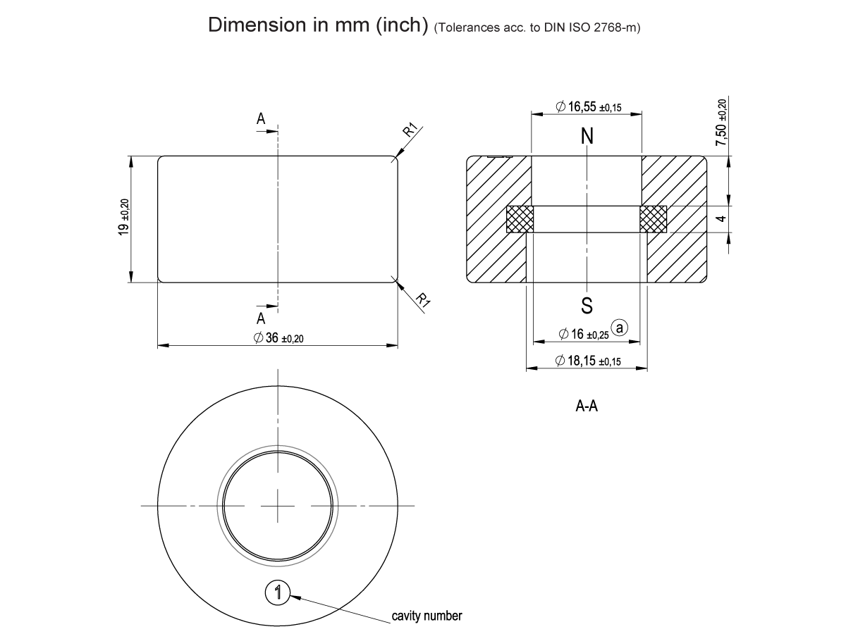 Technical drawing of a cylindrical mechanical part from the MS07-PA Series with detailed dimensions in millimeters and inches, showing top, side, and cross-sectional views. Section A-A highlights internal features and includes a cavity number indicator for the float sensor. by Standex Detect