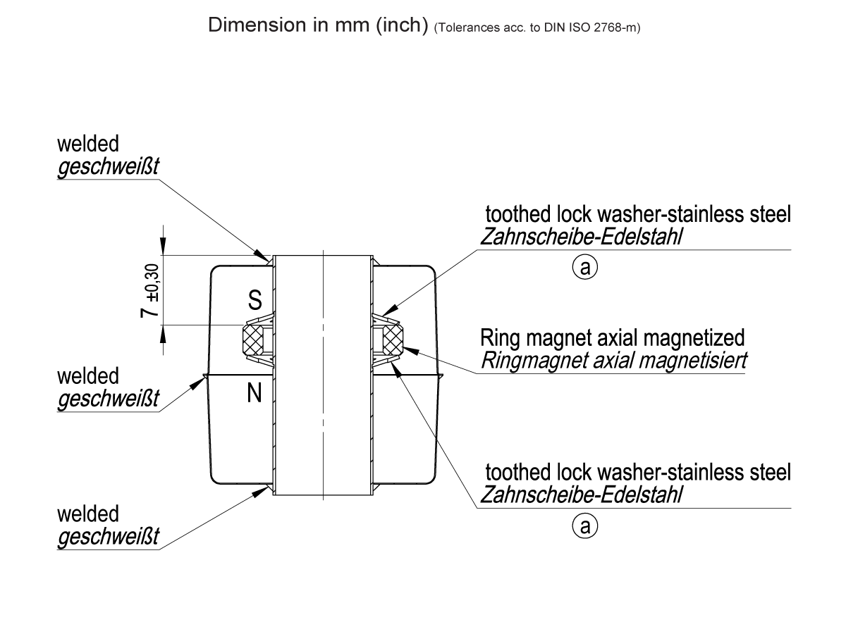 Technical drawing of an MS09-S Series ring magnet with axial magnetization between two toothed lock washers (stainless steel), all labeled in English and German. Dimensions in millimeters; welded sections marked on both sides. Magnetic float shown. by Standex Detect