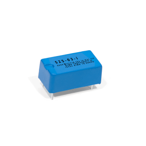 A small blue 525 Series Optocouplers electronic component with four metal pins and black printed text, placed on a white surface. by Standex Detect