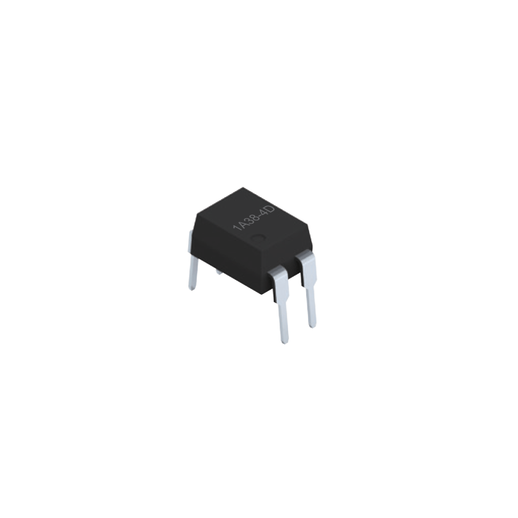 A small black SMD integrated circuit chip with four metal legs, two on each side, is shown on a white background. The surface of the Photo-MOSFET relay chip is labeled 1136-4D. by Standex Detect