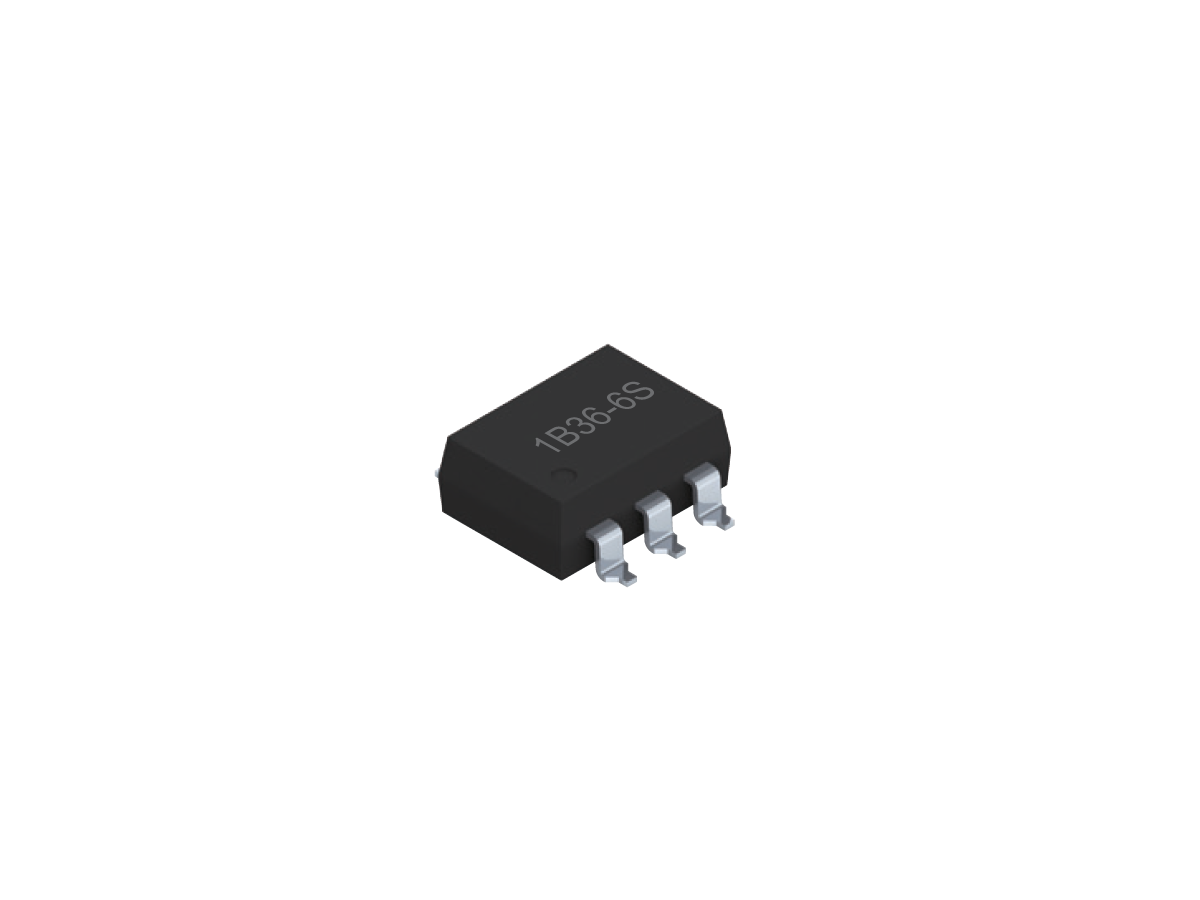 A small black integrated circuit chip, likely a MOSFET Relay such as the SMP-36, with three metal pins on each side and 1B366S labeled on top, shown on a plain white background. by Standex Detect