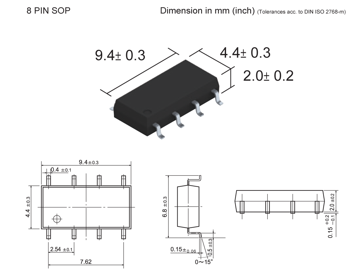 Technical drawing of an 8-pin SOP SMP-37 Photo-MOSFET relay, with top, side, and front views. Detailed measurements in millimeters are shown, including widths of 9.4 ± 0.3 mm and 4.4 ± 0.3 mm. by Standex Detect