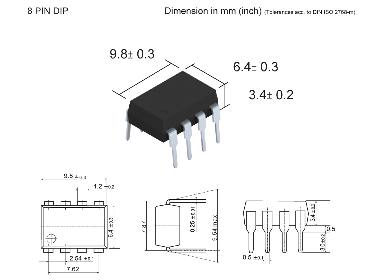 Diagram of an 8-pin DIP Photo-MOSFET Relay (SMP-38) with 3D and orthographic views, labeled dimensions in millimeters and inches, and tolerances per DIN ISO 2768-m. by Standex Detect