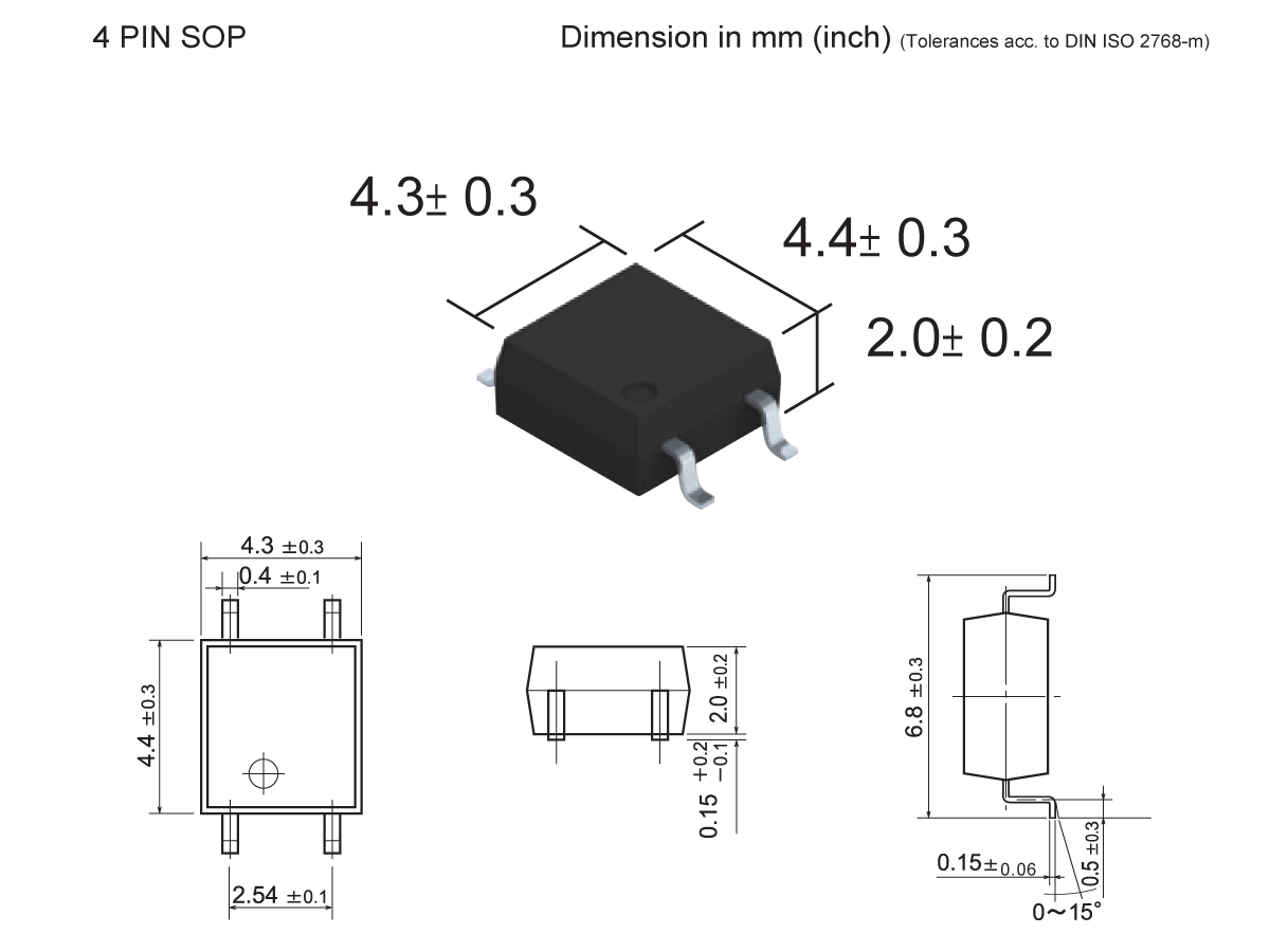 Technical drawing of a 4-pin SOP package for the SMP-42 Photo-MOSFET Relay, showing dimensions: 4.3±0.3 mm width, 4.4±0.3 mm length, and 2.0±0.2 mm height, with top, side, and front views plus detailed pin specifications. by Standex Detect
