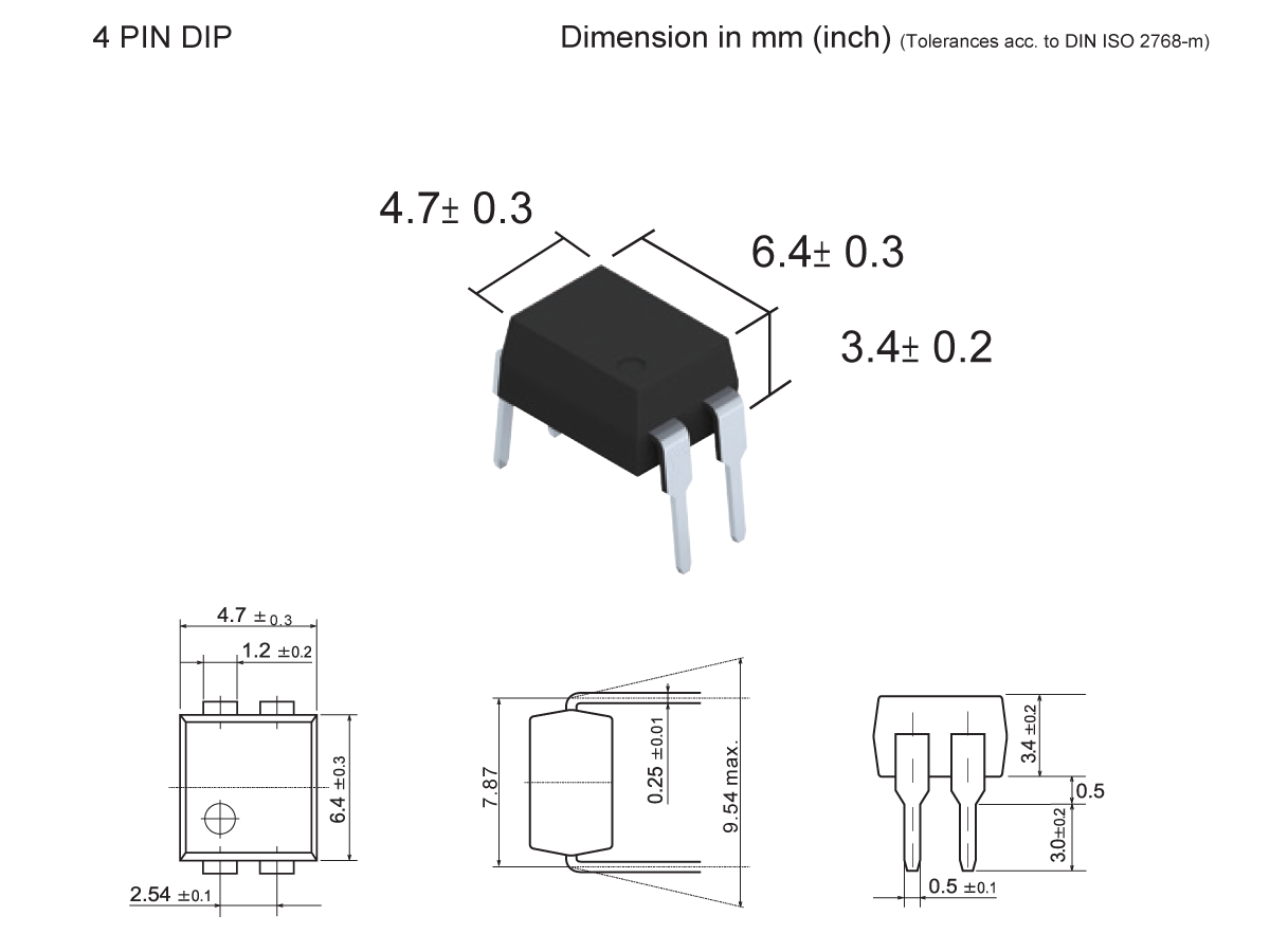 Technical drawing of a 4-pin DIP MOSFET Relay (SMP-42) with labeled dimensions: 4.7±0.3 mm width, 6.4±0.3 mm length, and 3.4±0.2 mm height, shown in 3D and multiple 2D views with measurements. by Standex Detect