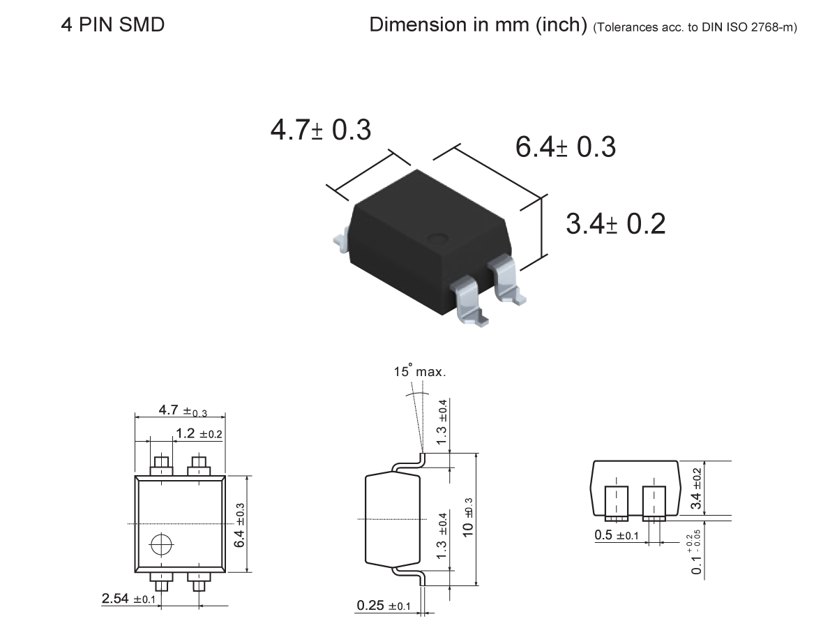 Technical drawing of a 4-pin SMD component, the SMP-45 Photo-MOSFET Relay, with dimensions labeled in millimeters; includes top, side, and front views plus a 3D illustration, showing width 6.4mm, height 4.7mm, and depth 3.4mm. by Standex Detect