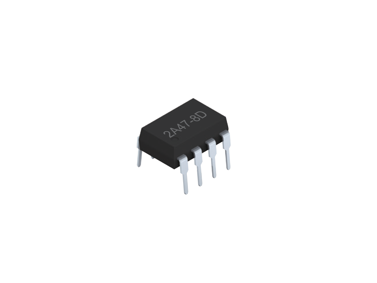 A black 8-pin integrated circuit (IC) chip with silver legs on both sides, labeled 2A47-8D, resembling a Photo-MOSFET Relay, is shown on a white background. by Standex Detect