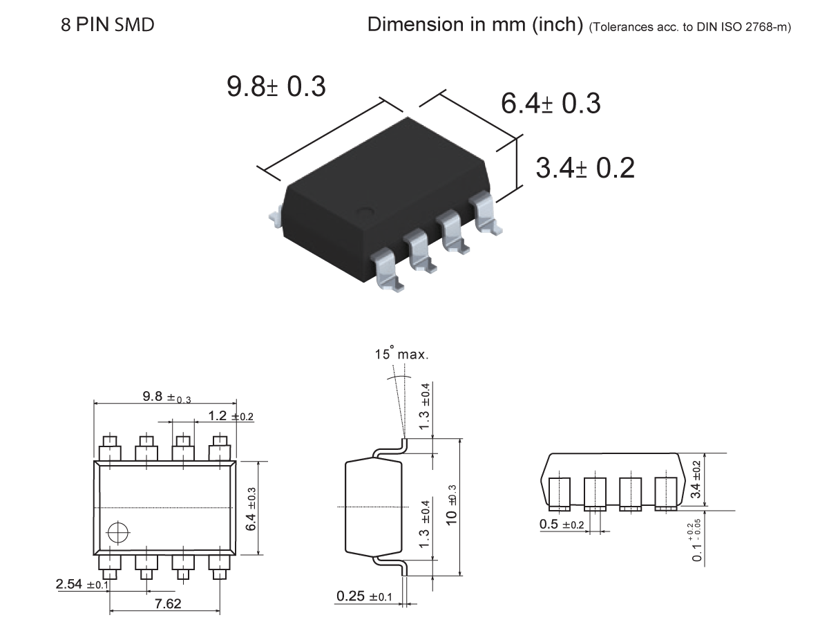 A technical drawing of an SMP-47 8-pin SMD Photo-MOSFET Relay with dimensions labeled in millimeters: 9.8 × 6.4 × 3.4 mm. The drawing shows top, side, and angled views with tolerances and measurement details. by Standex Detect