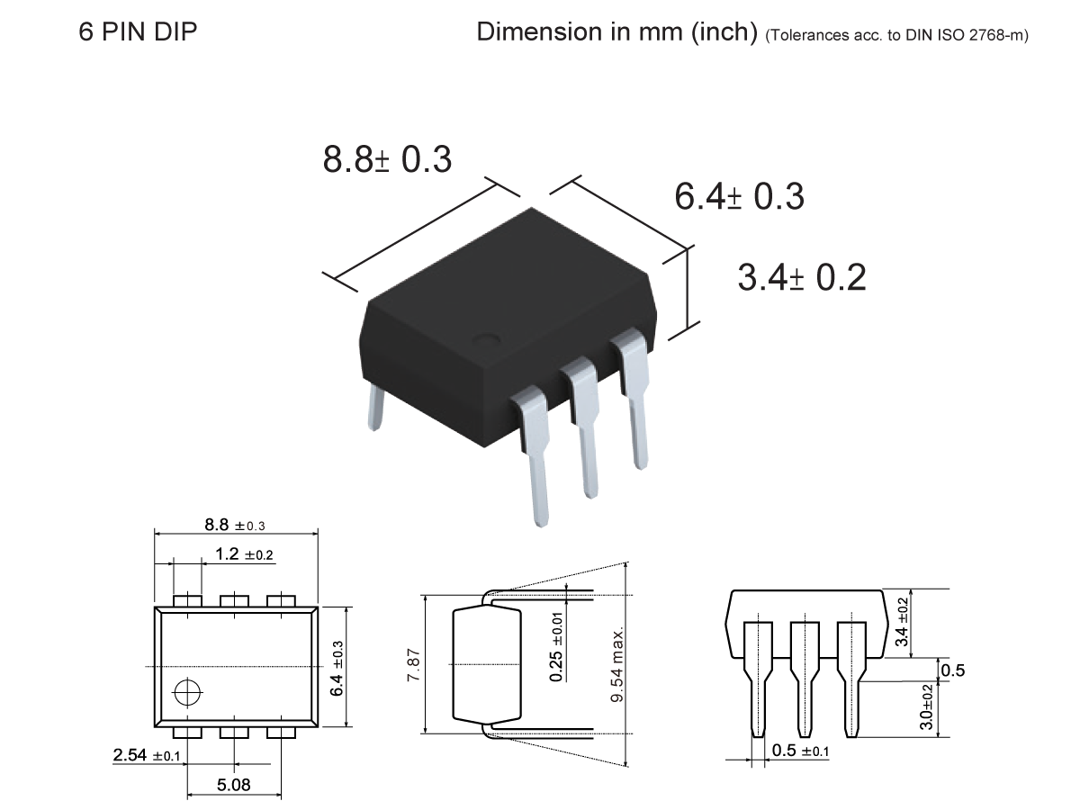 Image showing a 6-pin Dual In-line Package (DIP) SMP-74 Photo-MOSFET Relay with detailed dimensional drawings. Key dimensions are 8.8×6.4×3.4 mm; pin layout and tolerances are specified. by Standex Detect