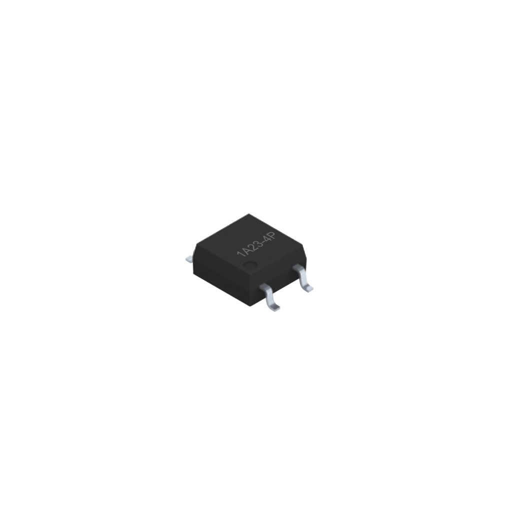 A small black integrated circuit chip labeled 1434AP, likely an SMD component used in MOSFET Relays or Photo-MOSFET Relays, with four silver pins—two on each side—placed on a plain white background. by Standex Detect