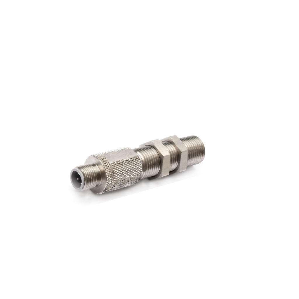 A metal pneumatic or hydraulic fitting with threaded ends and a textured middle section, designed for connecting hoses or tubes and compatible with position sensors, isolated on a white background. by Standex Detect