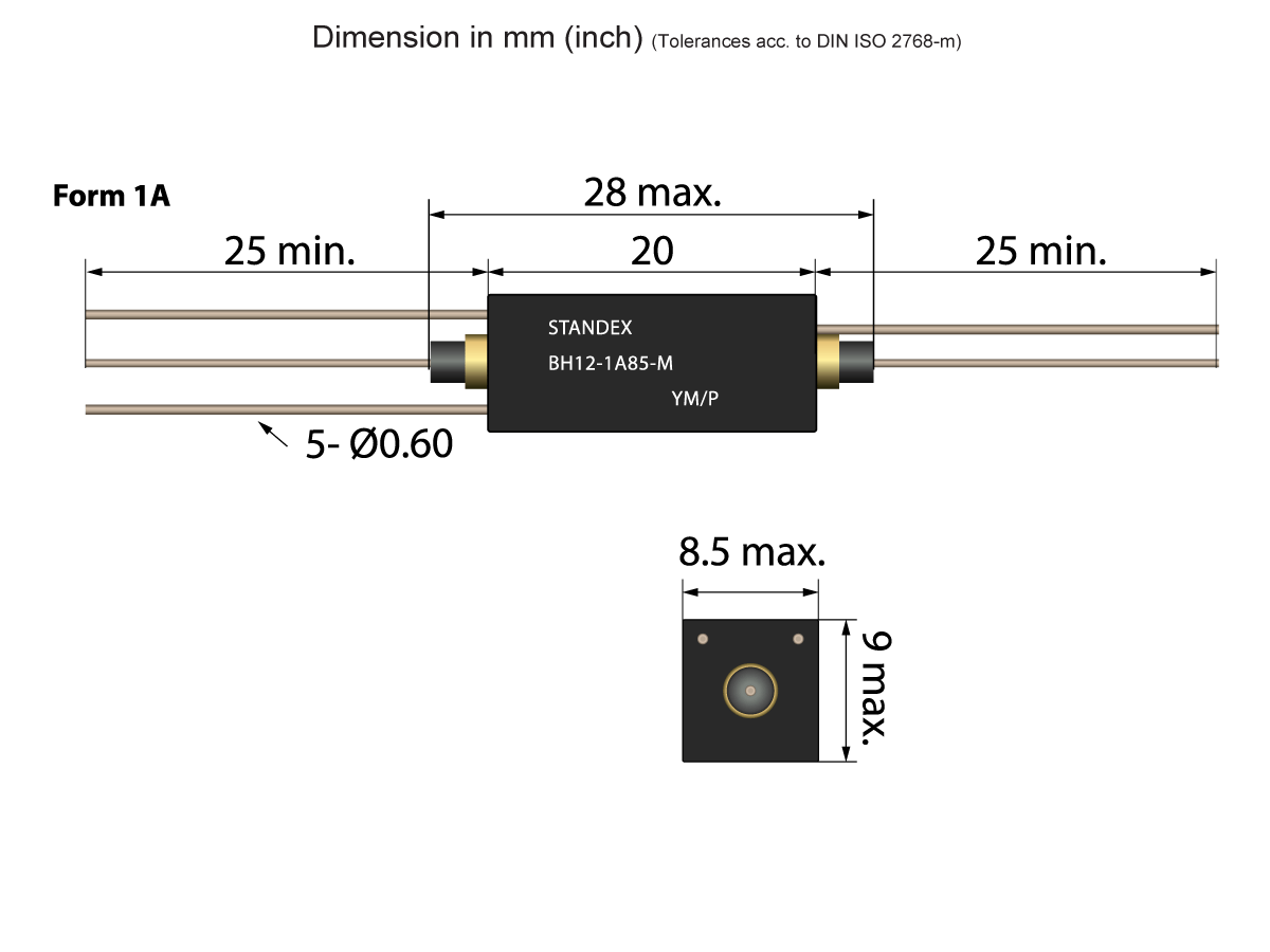 Technical drawing of a rectangular BH Series Reed Relay with wire leads on both sides. Dimensions are labeled: 28 mm max body length, 25 mm min lead length, 8.5 mm max width, and 9 mm max height. by Standex Detect