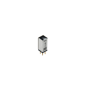 A small rectangular FS Series Reed Relay with a silver body, black top, and three gold pins at the bottom, isolated on a white background. by Standex Detect
