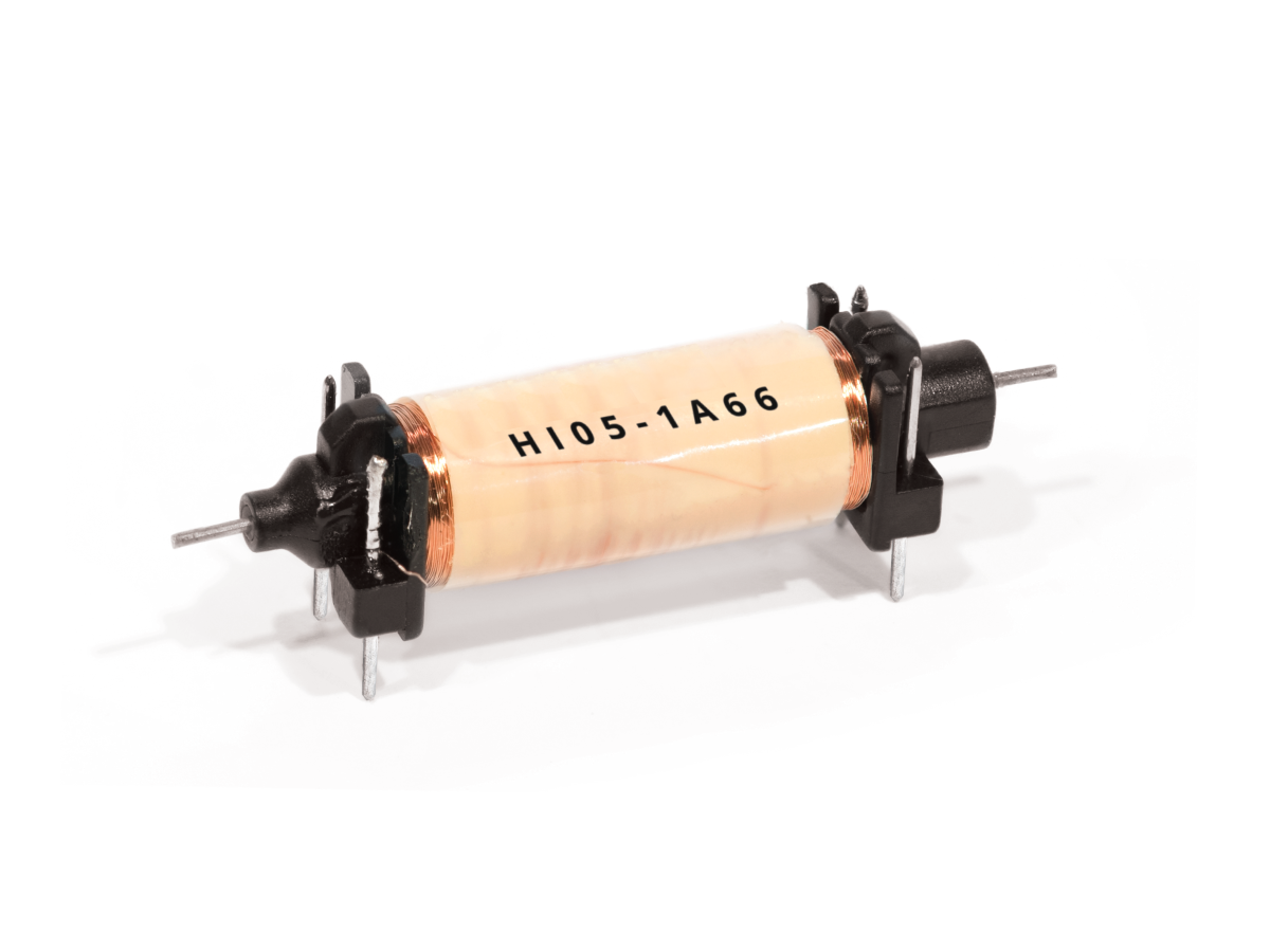 A cylindrical electronic component from the HI Series with copper wire coils and black plastic end mounts, labeled H105-1A66, featuring metal pins for mounting—commonly used as a Reed Relay in electronic circuits. by Standex Detect