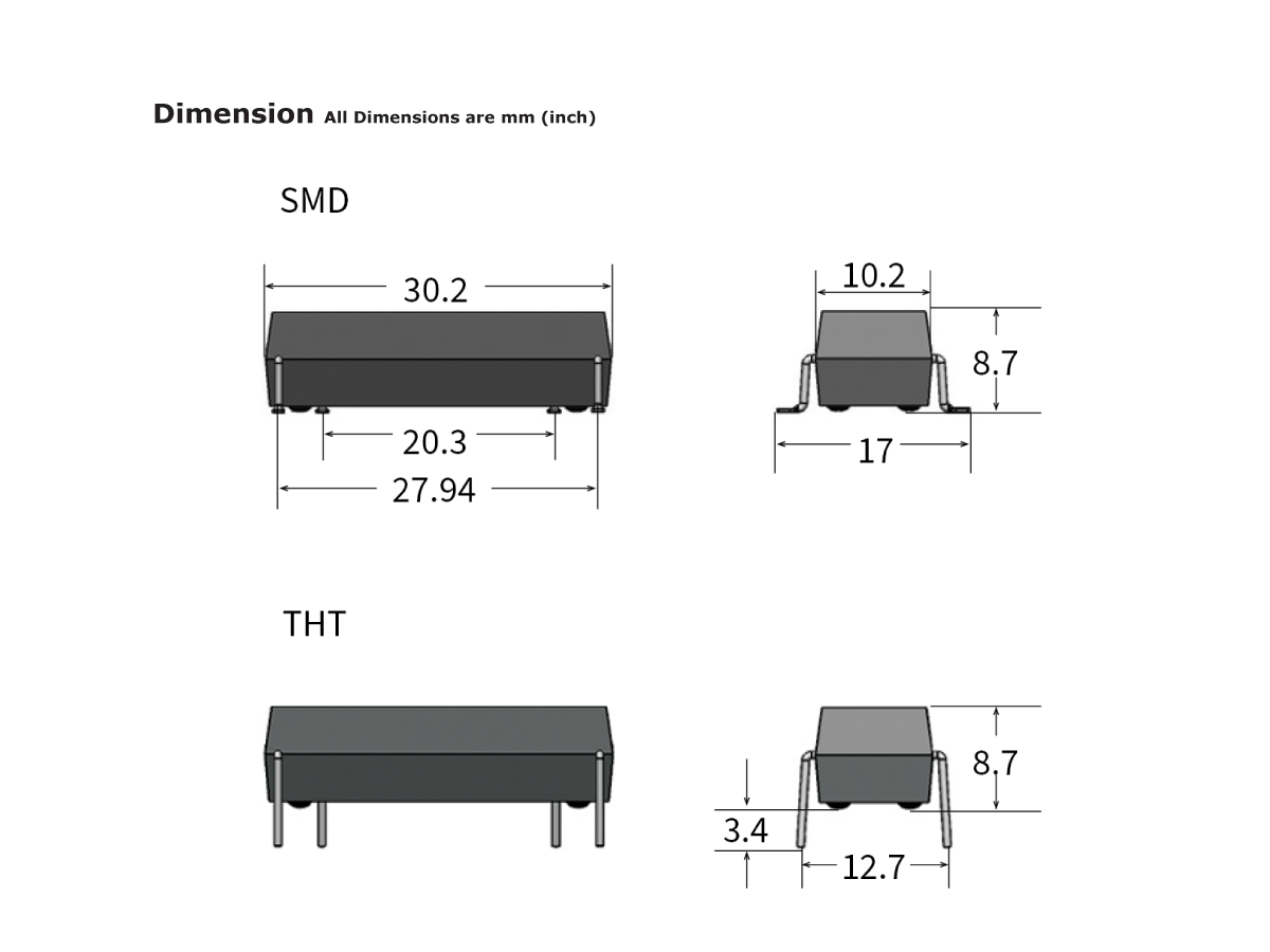 Technical drawing with dimensions for KT Series Reed Relay: SMD (30.2 x 10.2 x 8.7 mm, pin distances labeled) and THT (30.2 x 12.7 x 8.7 mm, 3.4 mm base clearance). All dimensions in mm. by Standex Detect