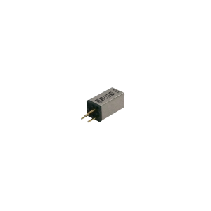 A small rectangular electronic component, such as an MFS Series Reed Switch, with a metallic casing and two gold pins for connection, isolated on a white background. The casing has black text and numbers printed on it. by Standex Detect