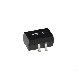 A small black Reed Relay electronic component from the MHV Series with three metal pins and white text MHV05-1A on its surface, isolated on a white background. by Standex Detect