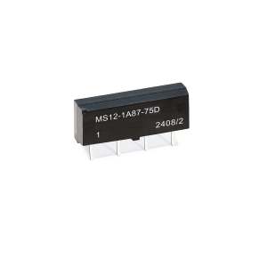 A black rectangular electronic component, likely an MS Series Reed Relay, with four metal pins and white labeling that reads MS12-1A87-75D 1 2408/2, isolated on a white background. by Standex Detect