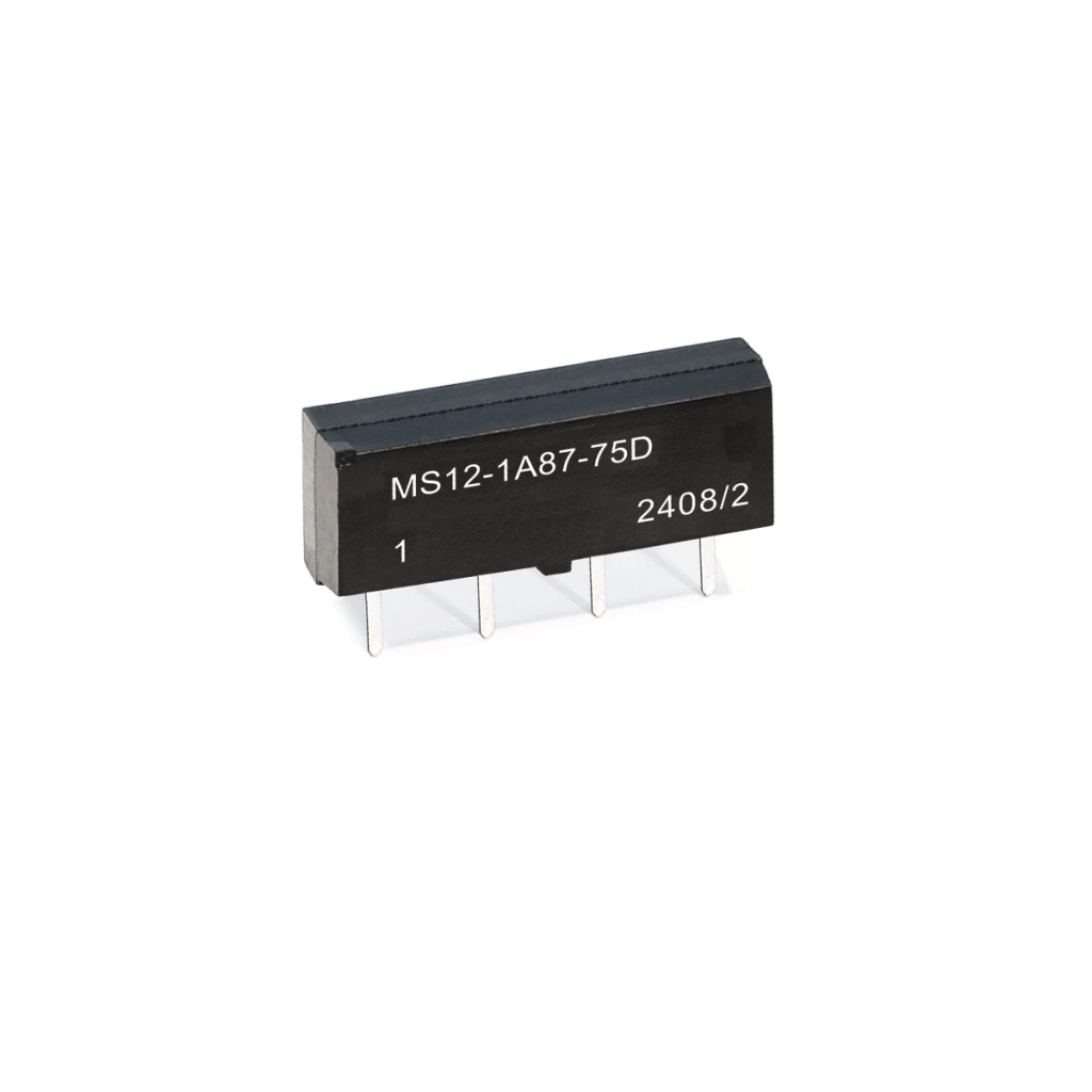 A black rectangular electronic component, likely an MS Series Reed Relay, with four metal pins and white labeling that reads MS12-1A87-75D 1 2408/2, isolated on a white background. by Standex Detect