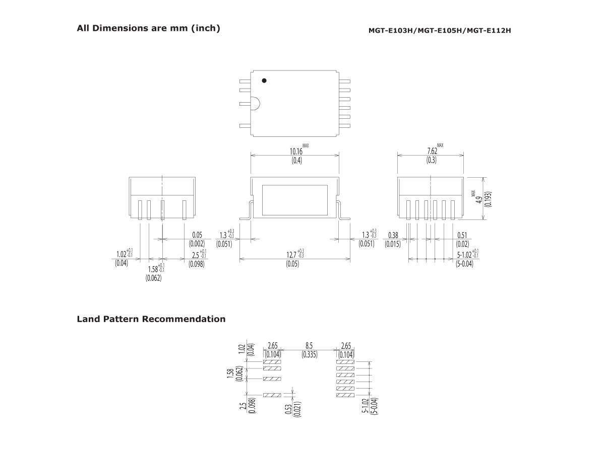 Technical drawing of an MT Series reed relay electronic component with front, side, and top views, showing detailed measurements in millimeters and inches. A recommended land pattern layout with dimensions is displayed below the views. by Standex Detect