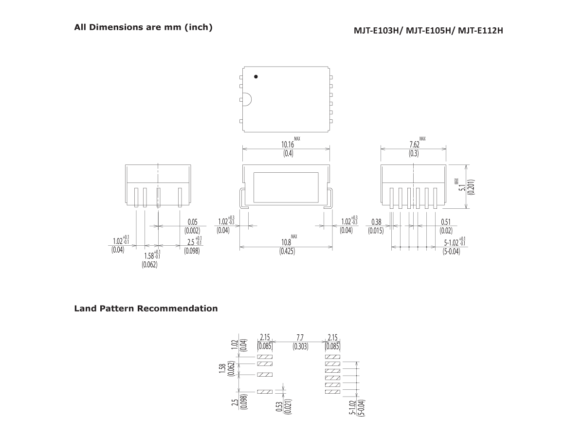 Technical drawing of the MT Series Reed Relay (MJT-E103H/E105H/E112H) showing top, front, and side views with detailed dimensions in millimeters and inches, plus a recommended land pattern diagram. by Standex Detect