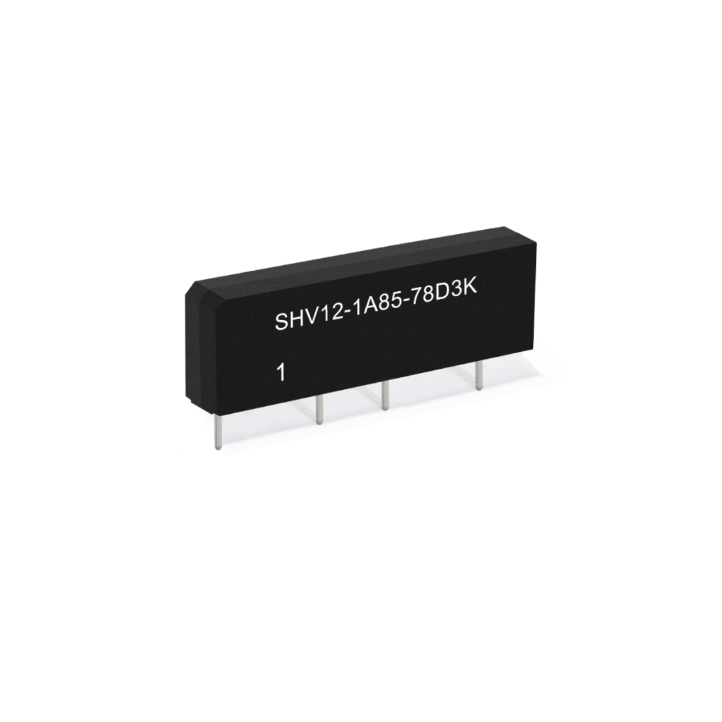 A black rectangular electronic component from the SHV Series, this Reed Relay features four metal pins underneath and white alphanumeric text “SHV12-1A85-78D3K 1” on top, typically used in electronic circuits. by Standex Detect